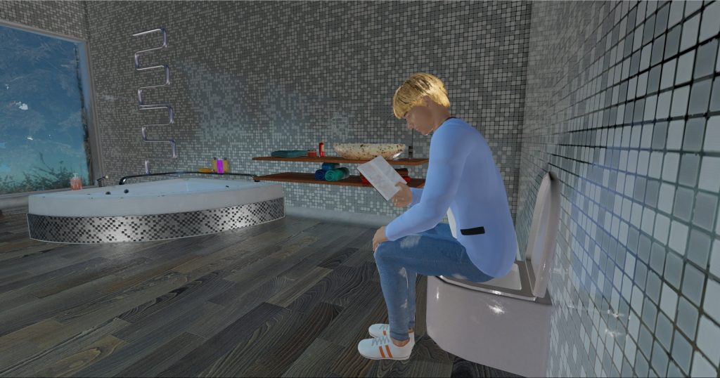 Парень читает книгу в туалете. 3D-игра Maska