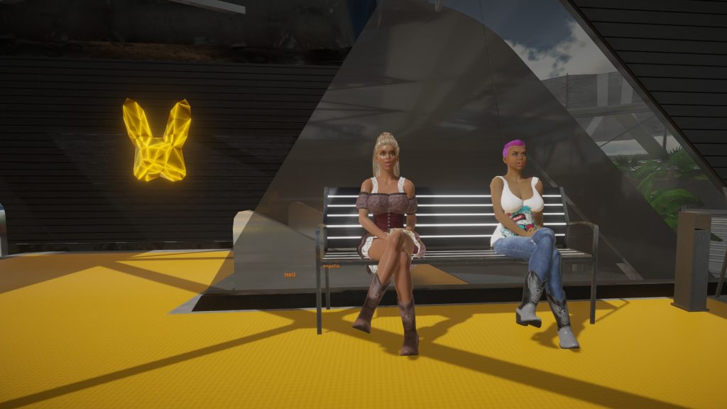 Подруги за беседой на лавочке в 3D-игре Maska