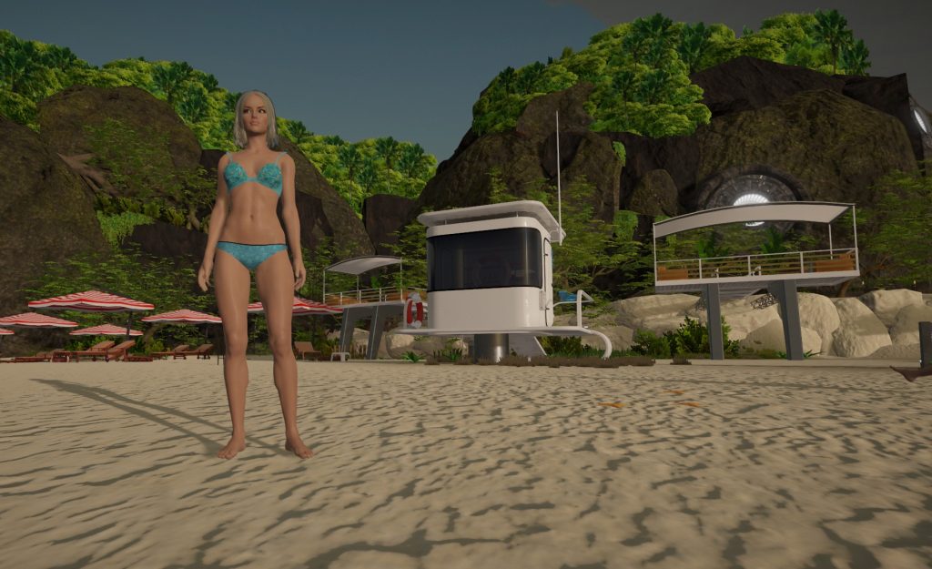 Девушка в купальнике на пляже в онлайн-игре "Maska"