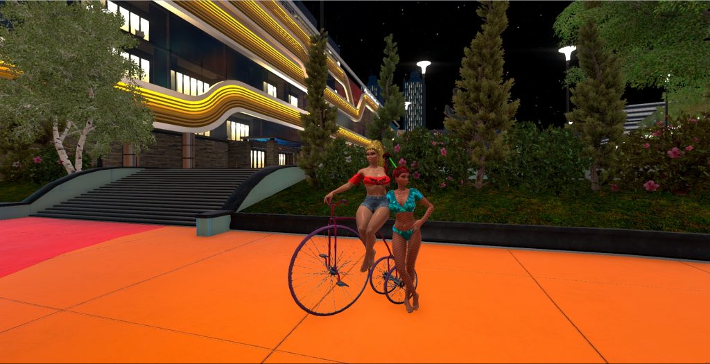 Две девушки и велосипед в 3D-мире "Маска"