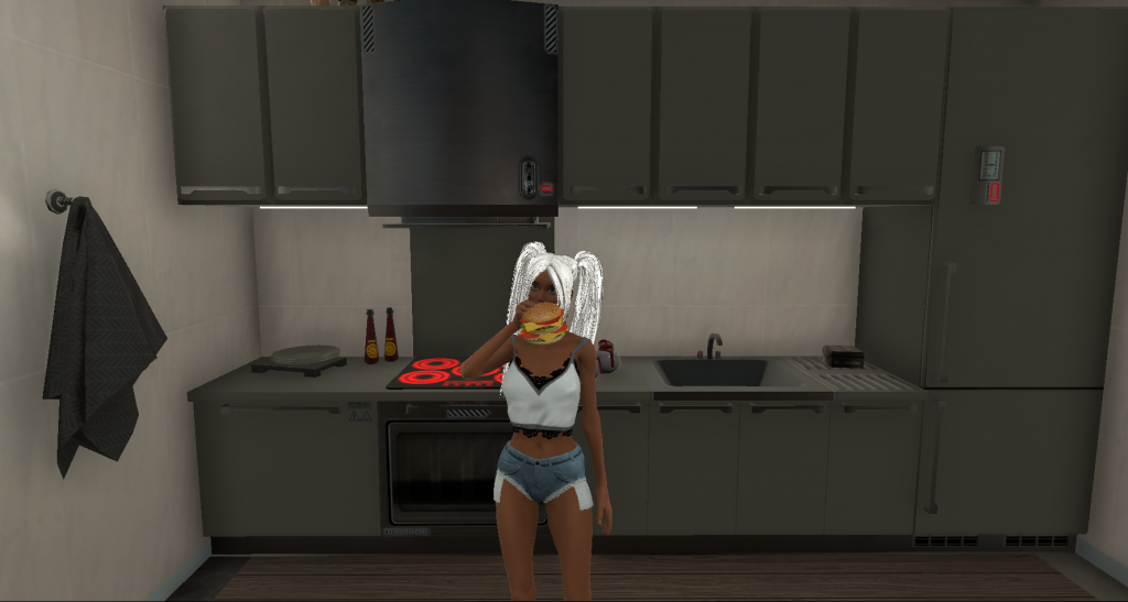 Девушка с бургером на кухне в онлайн-игре "Maska"
